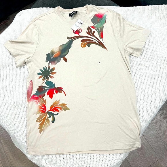 Express Tan Floral Print Short Sleeve Tee - Picture 1 of 5